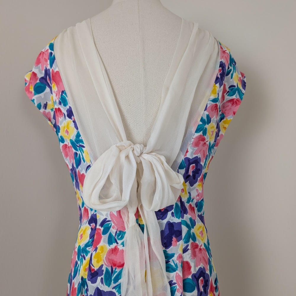 Vintage Floral Mini Dress Open Back Short Sleeve Dollman Fitted Tight Pencil - Picture 8 of 11